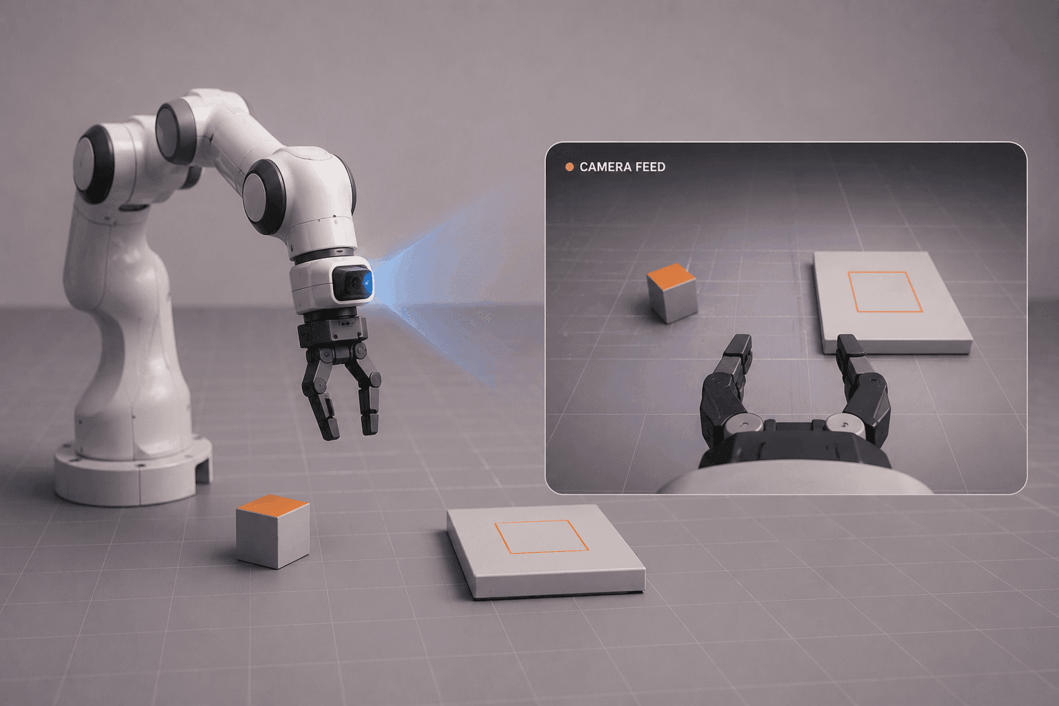 A Franka Panda robot arm with a wrist camera showing its live view in a MuJoCo simulation.
