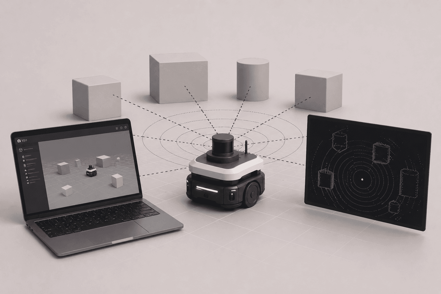 A simulated mobile robot with a LiDAR sensor scanning its environment in Gazebo