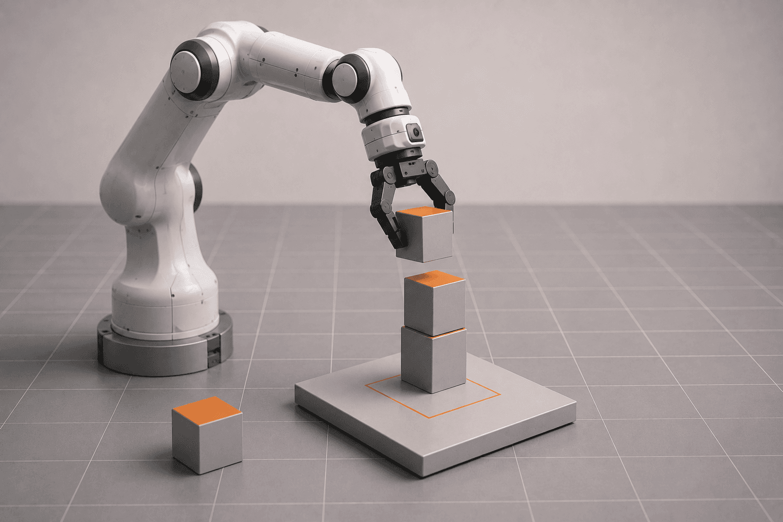 A Franka Panda robot arm placing the third cube onto a tower of stacked cubes in a MuJoCo simulation.