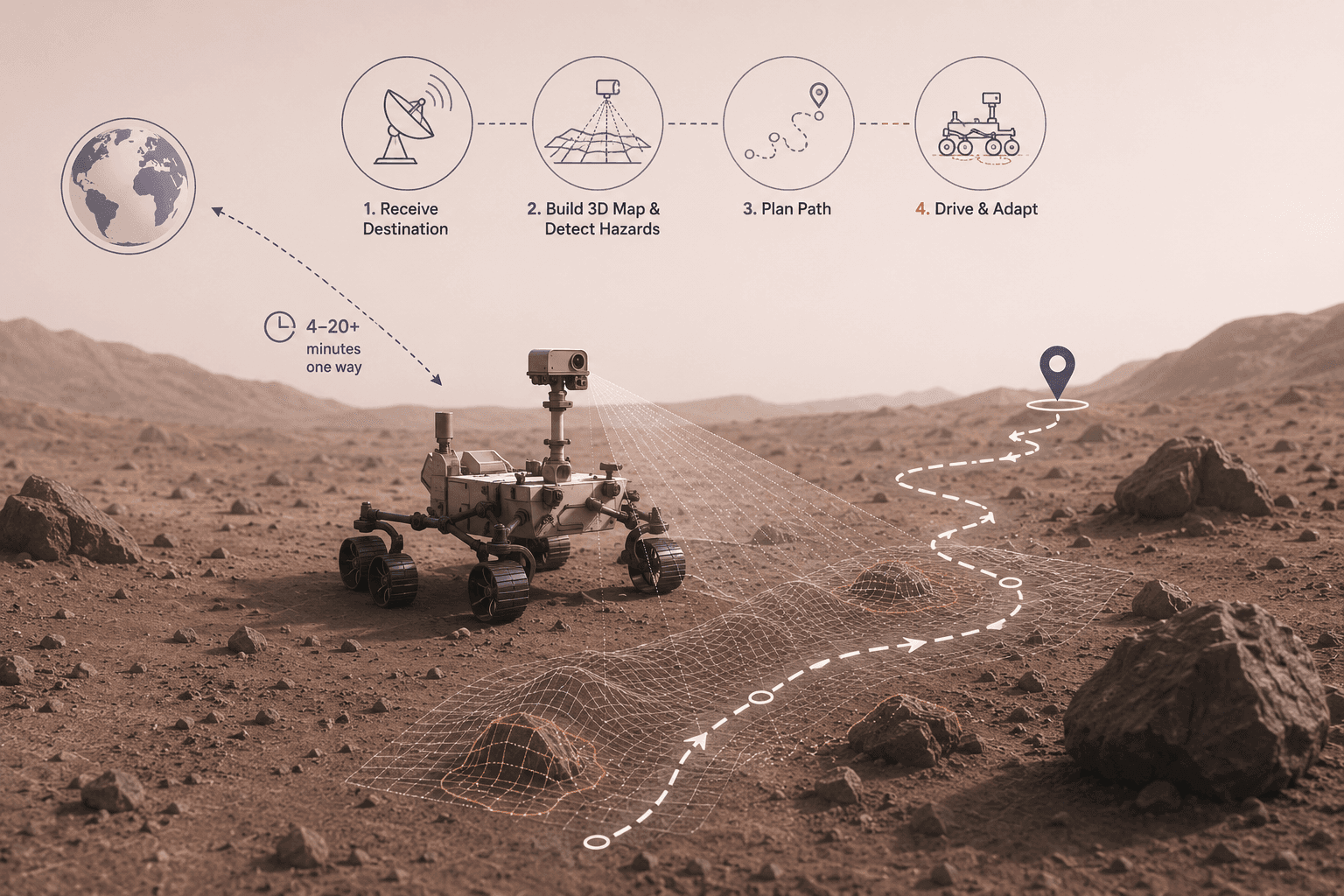 A Mars rover navigating rocky terrain autonomously