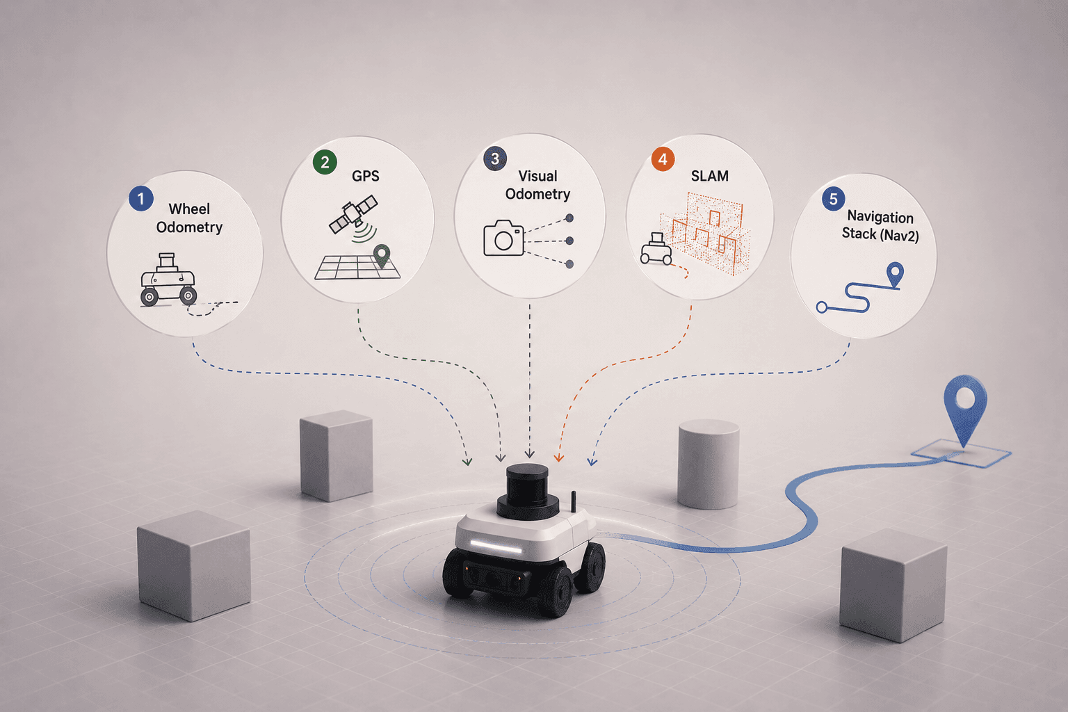 Diagram of the five ways robots navigate: wheel odometry, GPS, visual odometry, SLAM, and a Nav2 navigation stack, around a mobile robot