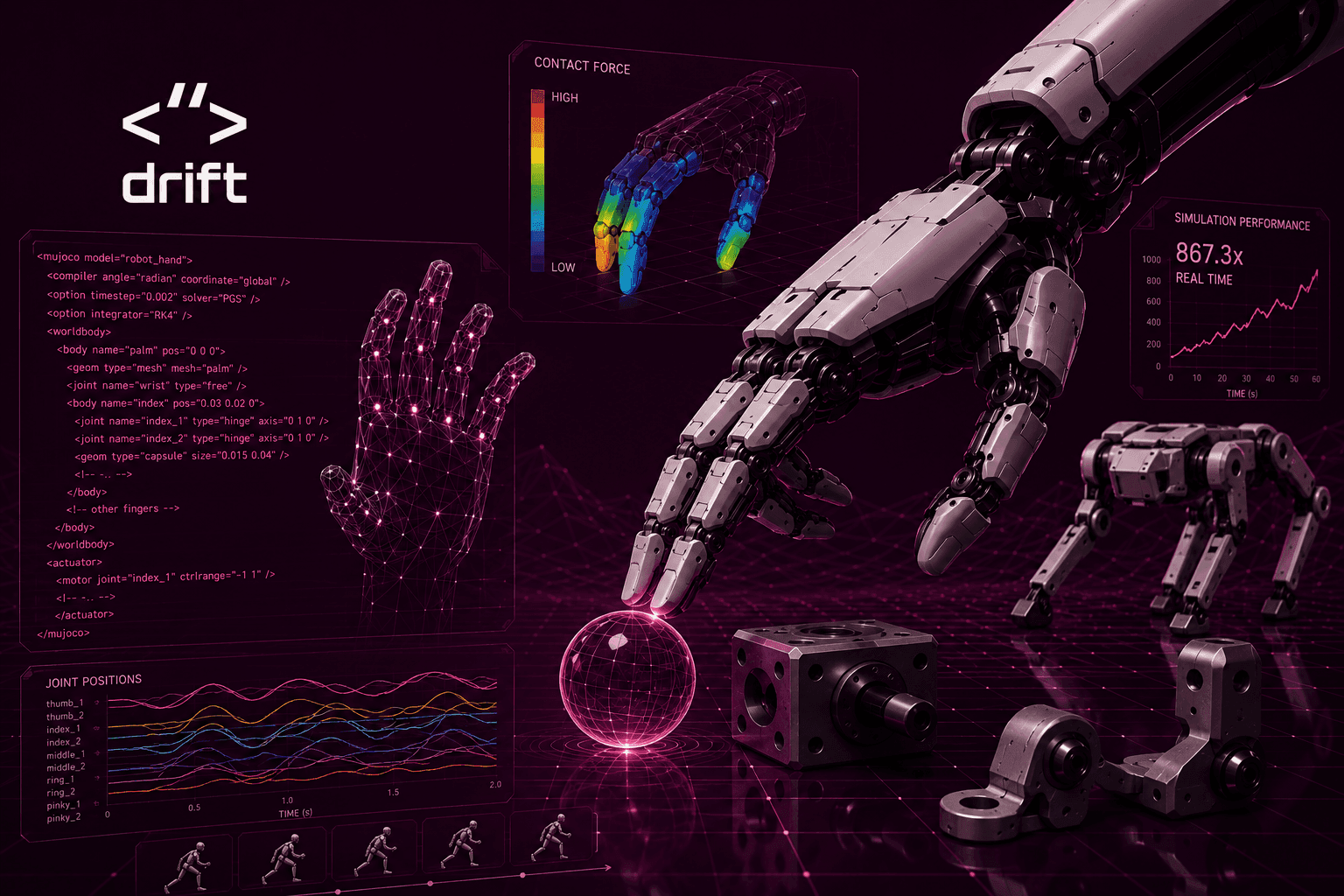 A legged robot simulated in the MuJoCo physics engine