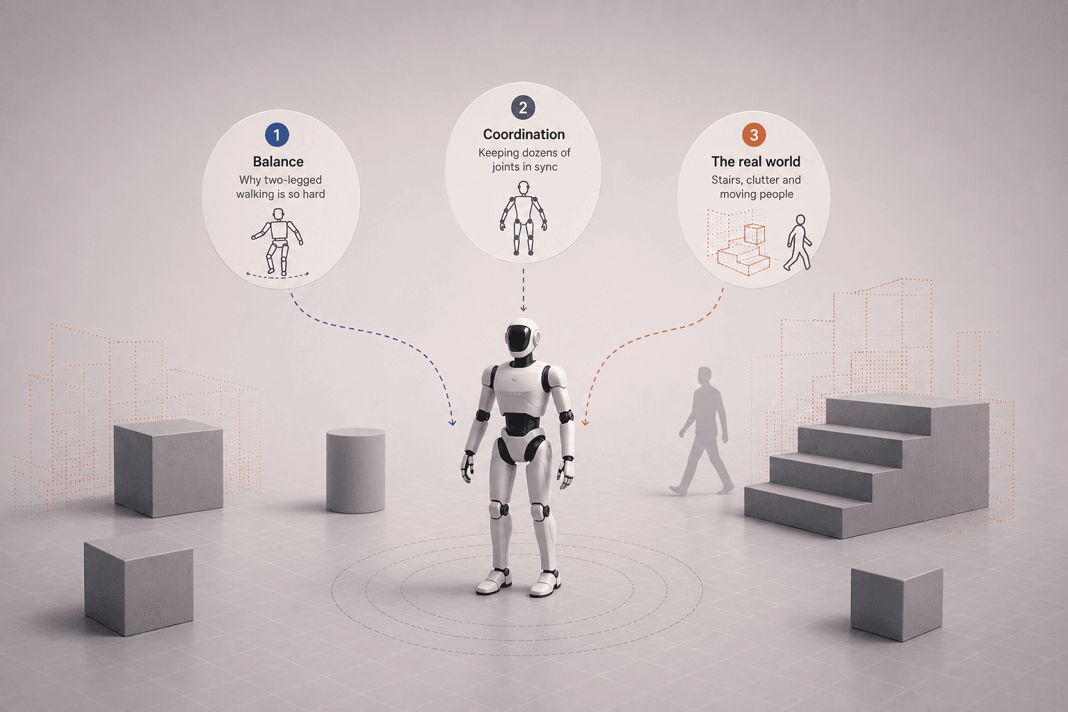 A humanoid robot walking, illustrating the challenges of balance and coordination